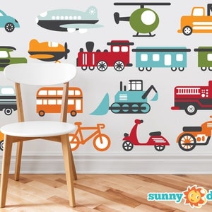 Transportation Theme Fabric Wall Decals for Nursery and Kids Rooms with Cars, Trucks, Planes, Trains, Bikes, and More - Three Size Options