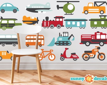 Transportation Theme Fabric Wall Decals for Nursery and Kids Rooms with Cars, Trucks, Planes, Trains, Bikes, and More - Three Size Options