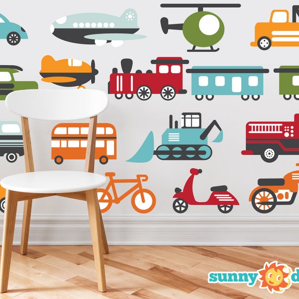 Transportation Theme Fabric Wall Decals for Nursery and Kids Rooms with Cars, Trucks, Planes, Trains, Bikes, and More - Three Size Options