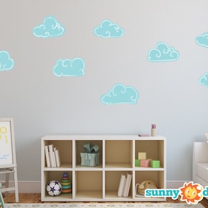 Clouds Fabric Wall Decals in Light Blue, Set of 8 Clouds, Hand Drawn Clouds, Reusable, Repositionable Wall Stickers by Sunny Decals