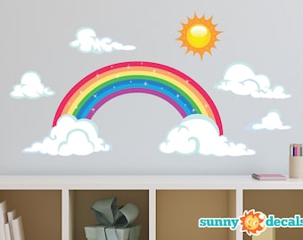 Décalcomanie murale en tissu arc-en-ciel : soleil et nuages, décoration repositionnable