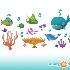 Jumbo Underwater Ocean Fabric Wall Decals with Fish, Submarine, Whale, Dolphin, Octopus and More for Kids Rooms & Nursery by Sunny Decals