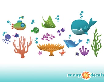 Jumbo Underwater Ocean Fabric Wall Decals with Fish, Submarine, Whale, Dolphin, Octopus and More for Kids Rooms & Nursery by Sunny Decals