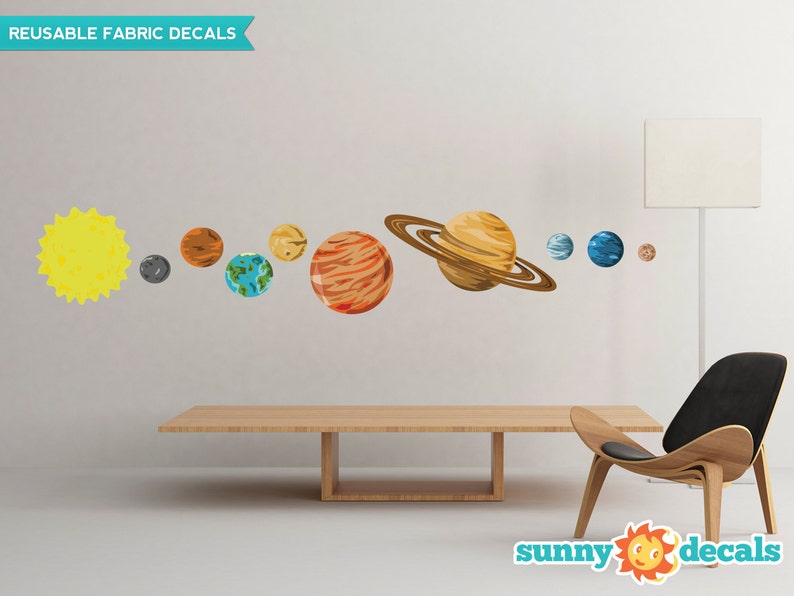 Solar System Fabric Wall Decals, Set Of 9 Planets And Sun 2 Sizes Available Non-Toxic, Reusable, Repositionable Sunny Decals image 1