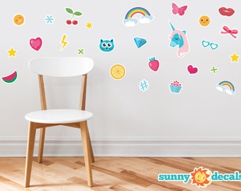 Wall Decals For Girls - Set of 27 Emoji Emoticon Fabric Wall Décor with Rainbows, Unicorn, Butterfly, Hashtag, Stars, Cupcake, and More