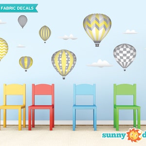 Hot Air Balloons Fabric Wall Decals with 9 Hot Air Balloons and 6 Clouds - Yellow- Standard Sized - Available in 5 Color Options and 2 Sizes