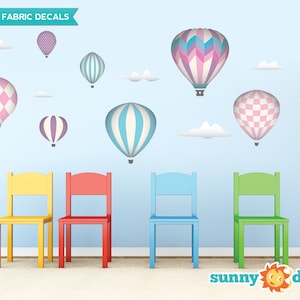 Hot Air Balloons Fabric Wall Decals with 9 Hot Air Balloons and 6 Clouds - Pink - Standard Sized - Available in 5 Color Options and 2 Sizes