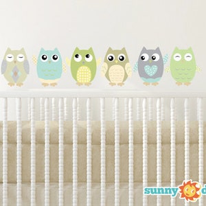 Owl Fabric Wall Decals, Set of 6 Owls, Repositionable and Reusable, Yellow, Grey, White, 4 Different Sizes to Choose From by Sunny Decals Green