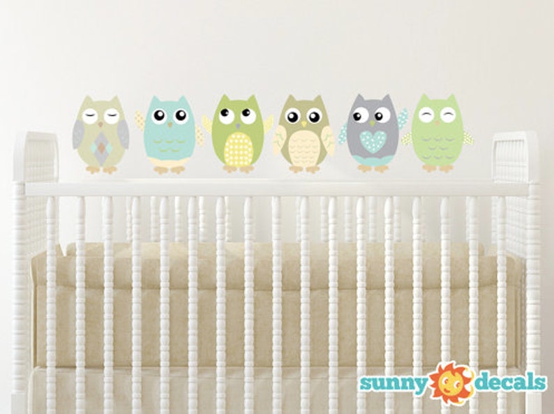 Owl Fabric Wall Decals, Set of 6 Owls, Repositionable and Reusable, Yellow, Grey, White, 4 Different Sizes to Choose From by Sunny Decals Green