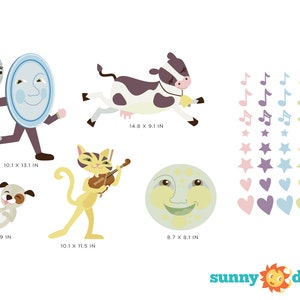Puede incluir: Un conjunto de pegatinas de pared coloridas para la habitaci&oacute;n de un ni&ntilde;o que representan una vaca, un gato tocando el viol&iacute;n, una cuchara y un plato, una luna, un perro, notas musicales, estrellas y corazones. Las pegatinas son perfectas para a&ntilde;adir un toque caprichoso a la habitaci&oacute;n de un ni&ntilde;o.