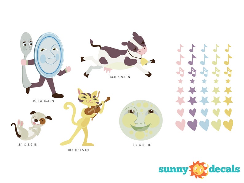 Puede incluir: Un conjunto de pegatinas de pared coloridas para la habitaci&oacute;n de un ni&ntilde;o que representan una vaca, un gato tocando el viol&iacute;n, una cuchara y un plato, una luna, un perro, notas musicales, estrellas y corazones. Las pegatinas son perfectas para a&ntilde;adir un toque caprichoso a la habitaci&oacute;n de un ni&ntilde;o.