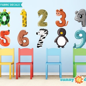 Números de animales Tela Calcomanías de pared, conjunto de números coloridos de 0 a 9, tortuga, jirafa, mono & más, 3 tamaños disponibles, reposicionable