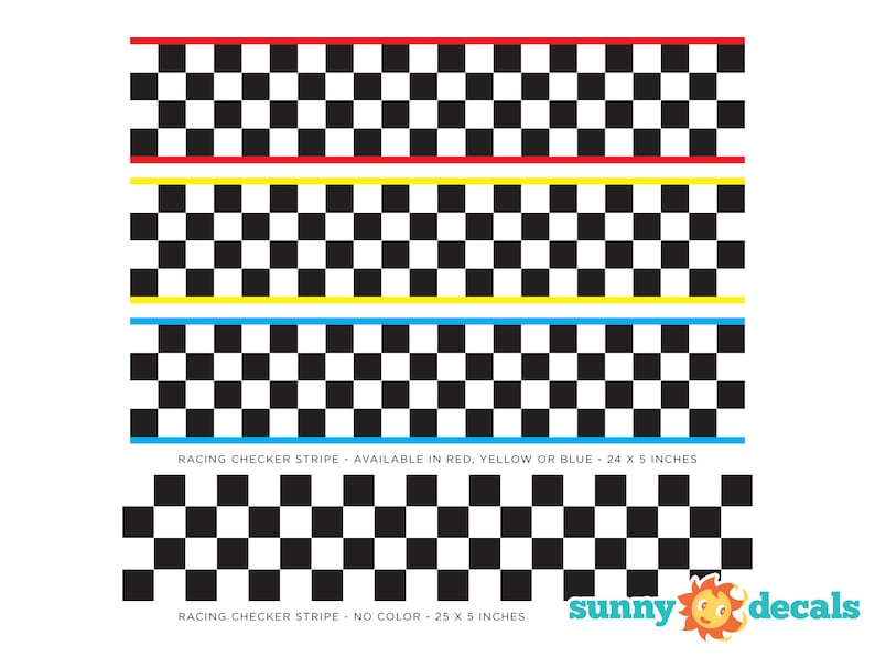 Peut inclure: Quatre bandes de course &agrave; damier noir et blanc avec du rouge, du jaune, du bleu et sans couleur. Les bandes mesurent 24 pouces de long et 5 pouces de large. Le texte "RACING CHECKER STRIPE - AVAILABLE IN RED, YELLOW OR BLUE - 24 X 5 INCHES" est sous les trois premi&egrave;res bandes. Le texte "RACING CHECKER STRIPE - NO COLOR - 25 X 5 INCHES" est sous la quatri&egrave;me bande. Le texte "sunny decals" est dans le coin inf&eacute;rieur droit de l'image.