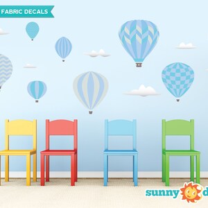 Hot Air Balloons Fabric Wall Decals with 9 Hot Air Balloons and 6 Clouds - Blue - Jumbo Sized - Available in 5 Color Options and 2 Sizes