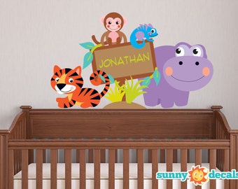 Vinilo decorativo de tela personalizado con animales de la selva: Letrero decorativo infantil personalizado