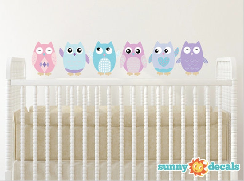 Owl Fabric Wall Decals, Set of 6 Owls, Repositionable and Reusable, Yellow, Grey, White, 4 Different Sizes to Choose From by Sunny Decals Pink