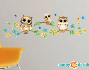 Owls On A Branch Fabric Wall Decals, Set of 3 Owls With Branches, Butterflies and Flowers - 4 Color Options - Non-Toxic, Repositionable