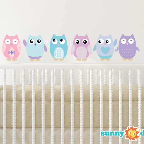 Owl Fabric Wall Decals, Set of 6 Owls, Repositionable and Reusable, Pink, Turquoise,Purple, 4 Different Sizes to Choose From by Sunny Decals