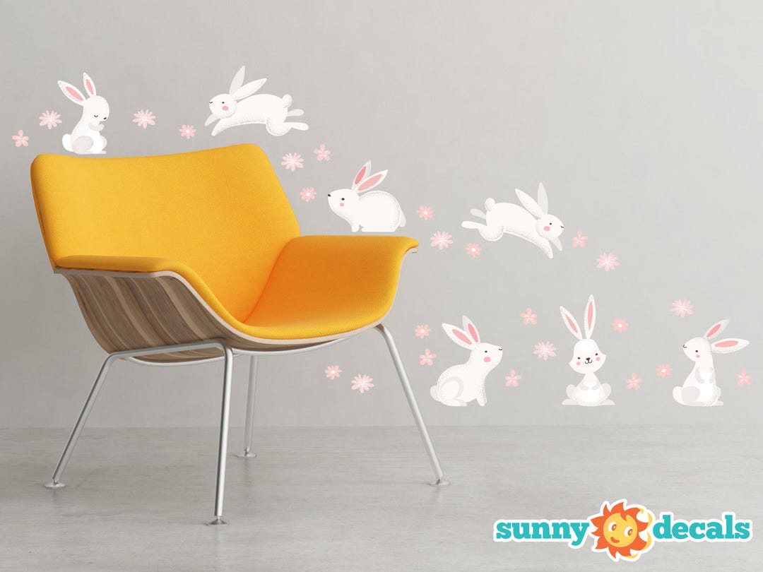 Bunny Rabbits Fabric Wall Decals, 7 Cute Bunnies and 24 Flowers