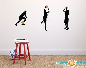 Basketball Silhouette Fabric Wall Decals - Set of 3 Basketball Players Wall Stickers - Non-Toxic, Reusable, Repositionable