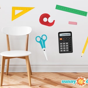 School Supplies Fabric Wall Decals - Set of 8 with Ruler, Scissors, Calculator, Pencil, Pen, Eraser, Triangle, Tape Dispenser