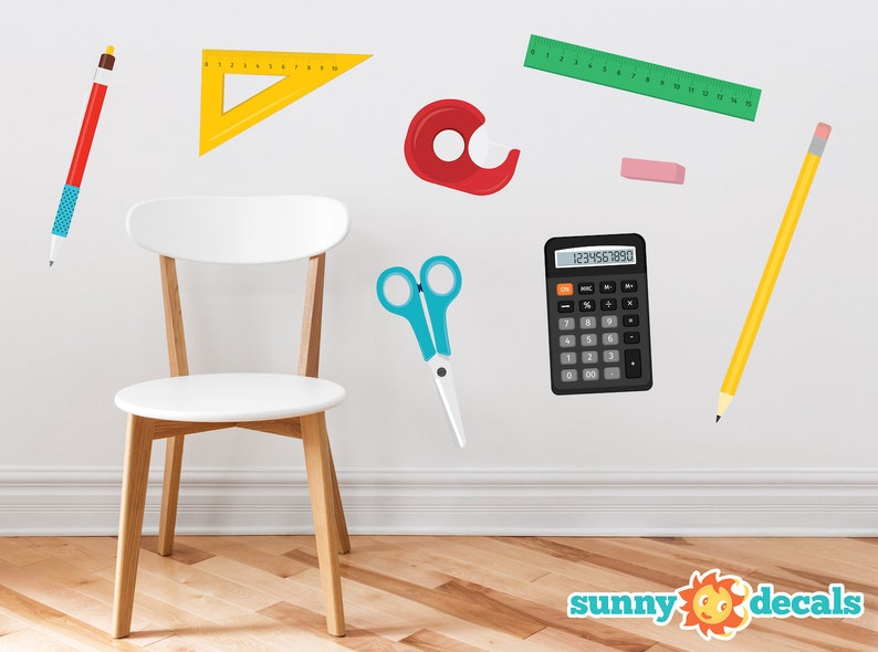 Scissors School Supplies Fabric Wall Decals Triangle Set of 8 with Ruler Tape Dispenser Eraser Pencil Calculator Pen