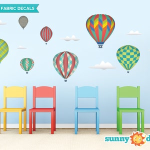 Hot Air Balloons Fabric Wall Decals with 9 Hot Air Balloons and 6 Clouds - Rainbow - Jumbo Sized - Available in 5 Color Options and 2 Sizes