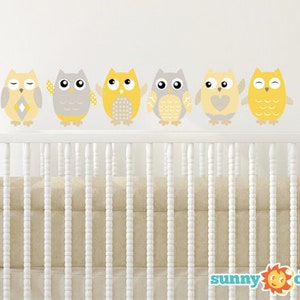 Owl Fabric Wall Decals, Set of 6 Owls, Repositionable and Reusable, Yellow, Grey, White, 4 Different Sizes to Choose From by Sunny Decals Orange