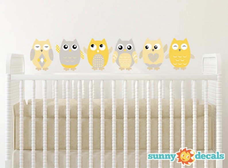 Owl Fabric Wall Decals, Set of 6 Owls, Repositionable and Reusable, Yellow, Grey, White, 4 Different Sizes to Choose From by Sunny Decals Orange