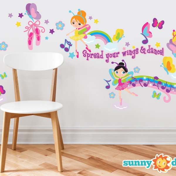 Ballerina Fabric Wall Decals, Set of 4 Beautiful Ballerinas with Butterflies, Musical Notes, Rainbow and More, Repositionable & Reusable