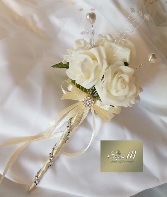 Wand Bridesmaid Ivory Grey Roses Groom,Diamante Wedding Brides Bouquet