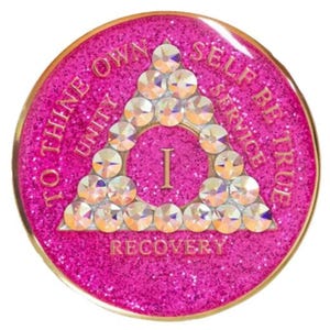 AA Medallion Glitter Pink w AB White Bling Crystals (Yrs 1-60) Bling Alcoholics Anonymous Crystal Recovery Chip  12 Step Gift