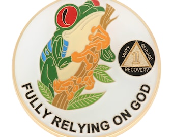 FROG vertrouwt volledig op God Jaarlijks herstelmedaillon Jubileum 12 stapmunten en unieke AA-herstelchips 1-40 jaar