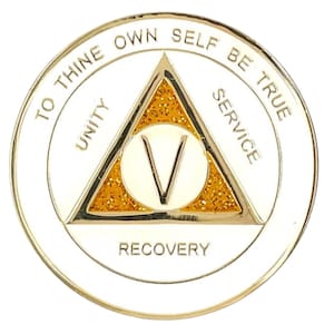 Serenity Prayer Freedom AA Anniversary White with Gold Sparkle on Gold Coin 1-60 years - 12 Step Gift Sobriety Milestone Sober Gifts Tokens