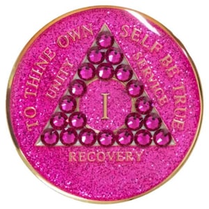 AA Medallion Glitter Pink w Pink Bling Crystals (Yrs 1-65) Bling Alcoholics Anonymous Crystal Recovery Chip  12 Step Gift