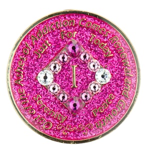 NA Pink Glitter Bling Medallion w Pink Transition Crystals (Yrs 1-45) Recovery Narcotics Anonymous Milestone Chip lgbt 12 Step NA Gifts