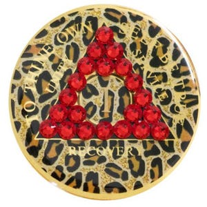 New! Alcoholics Anonymous AA Leopard w/ Red Crystals Tri-Plate Anniversary Recovery Medallion - 12 Step Gifts - Sober Birthday Anniversary