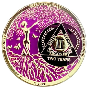Medallón de recuperación del Árbol de la Vida de la Diosa AA Magenta, 1--35/40/50 años, monedas de 12 pasos y fichas de recuperación únicas AA