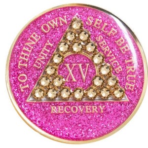 AA Medallion Glitter Pink w Gold Topaz Bling Crystals (Yrs 1-65) Bling Alcoholics Anonymous Crystal Recovery Chip  12 Step Gift