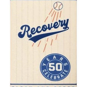 May include: A vintage-style card with a baseball theme celebrating 50 years of recovery. The card features a baseball flying through the air with rays of light emanating from it. The word "Recovery" is written in a blue and white script font with a blue arc underneath. The card also features a blue circle with the words "50 Years Celebrate" and the number 50 in the center. The card has a white background with vertical blue lines and the text "To thine own self be true" at the top and "Clean and Sober" at the bottom.