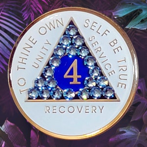 New AA Crystal Bling Yearly Blue Regal Recovery Medallion Serenity Prayer AA Anniversary Coin 1-20 years - 12 Step AA Gift