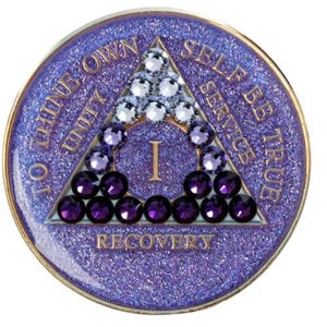 AA Medallion Glitter Purple w Lavender Transition Bling Crystals (Yrs 1-65) Alcoholics Anonymous Crystal Recovery Chip  12 Step Gift