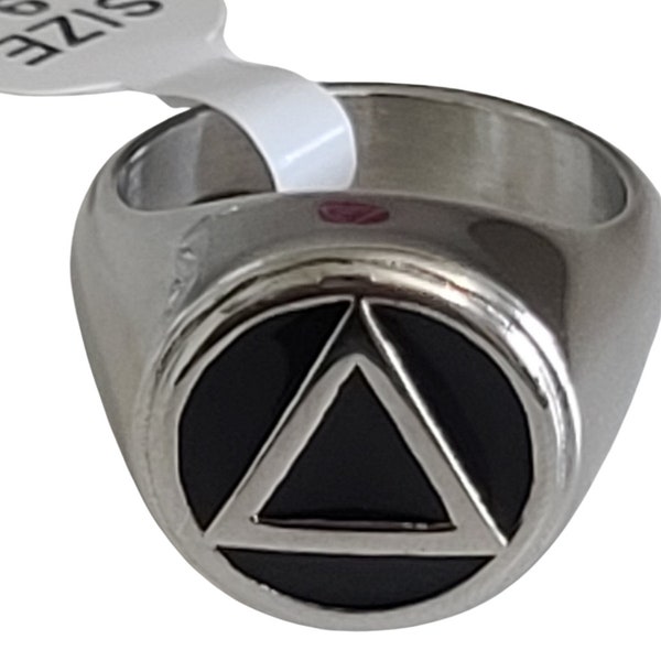 Bague de rétablissement AA en acier inoxydable avec symbole des Alcooliques anonymes - Cadeaux 12 étapes - Bijoux pour Alcooliques anonymes - Bagues AA - Bague symbole AA