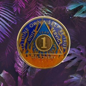 CLOSEOUT***Hand Painted AA Recovery Medallion Sunrise Blue Orange Fire Flames - ****YEAR 17 only ***Sobriety Milestone  Alcoholics Anonymous