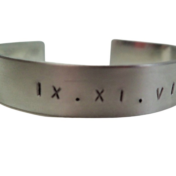 Handmade Men's or Women's Silver Metal Bracelet with Sober or Clean Date in Roman Numerals or Alpha numeric - 12 Step Recovery Jewelry -