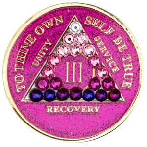 AA Medallion Glitter Pink w Pink Transition Bling Crystals (Yrs 1-60) Bling Alcoholics Anonymous Crystal Recovery Chip  12 Step Gift