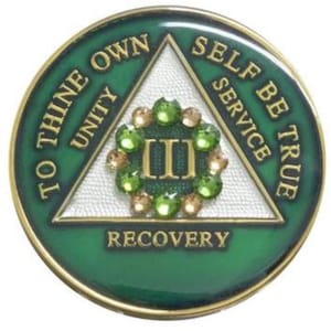 AA Medallion Green with Green Topaz Circle Crystals (Yrs 1-65) Bling Alcoholics Anonymous Crystal Recovery Chip  12 Step Gift
