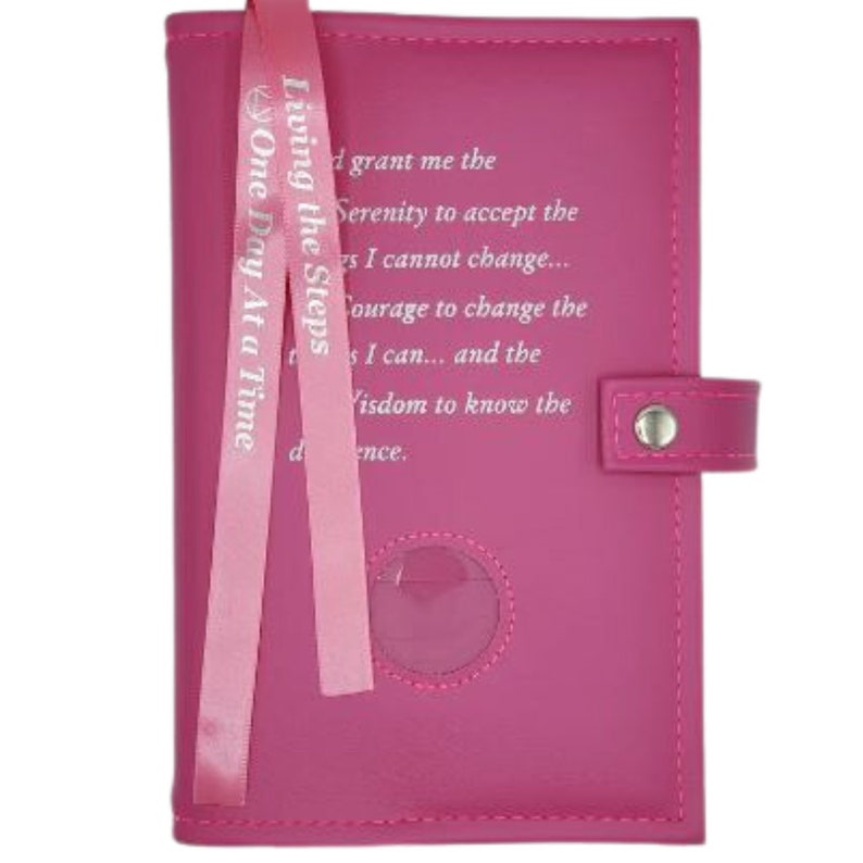 AA 12-Step Double Book Cover for AA Big Book and 12 x 12 with Serenity Prayer & Medallion Slot Recovery Cover Multiple Colors Pink