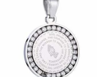 18k Gold Filled Serenity Prayer Stainless Steel Charm Necklace- Lord grant me Coin Medallion Pendant with Cubic Zirconia 12 Step Gifts