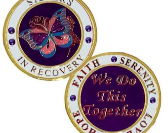 Premium Purple Sisters in Recovery  12 Step Recovery Medallion - Faith - Hope - Love -Serenity - Women in Recovery - Sobriety 12 step gifts
